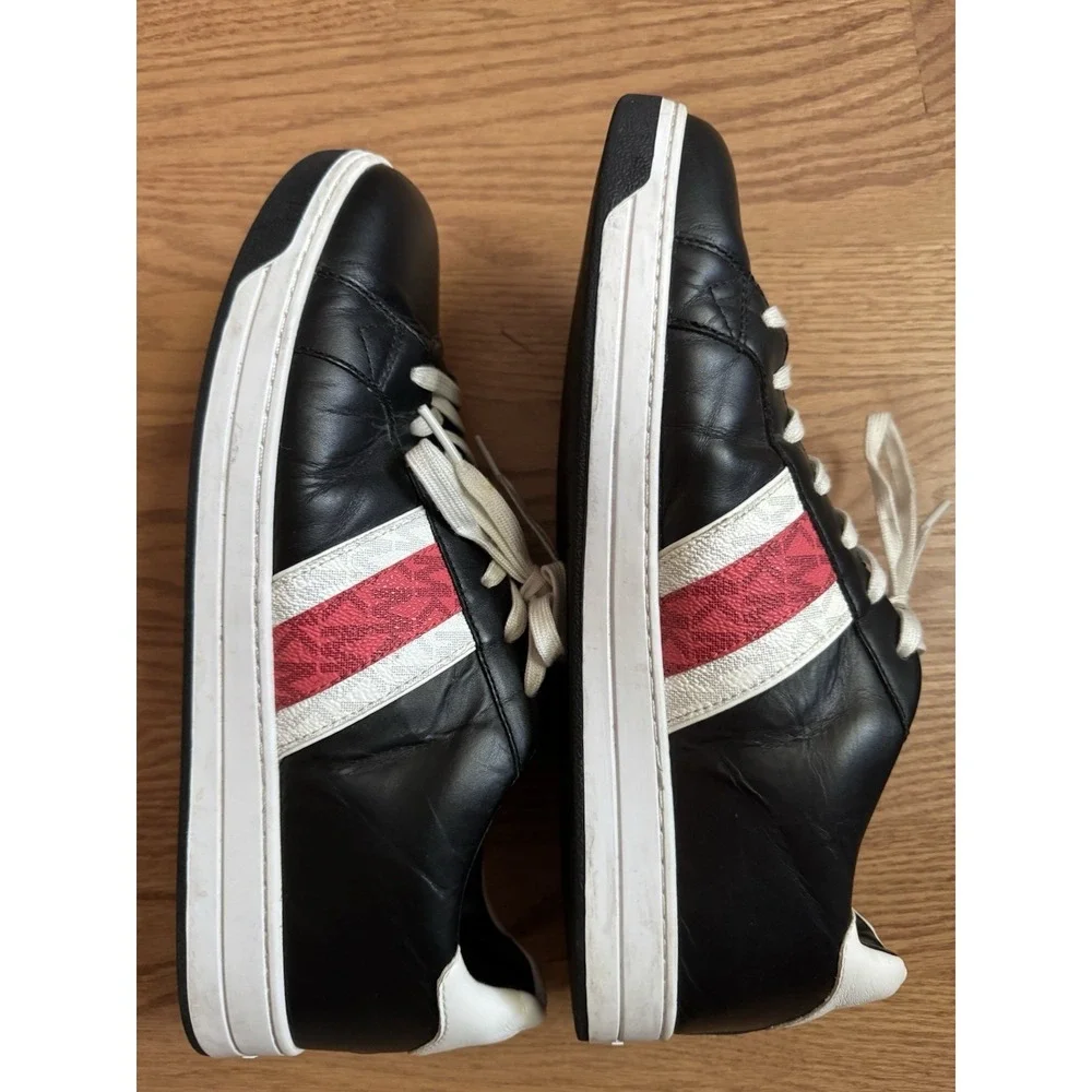 Michael Kors Black Leather Sneakers White Red MK Logo Stripe Trainers Womens 10M